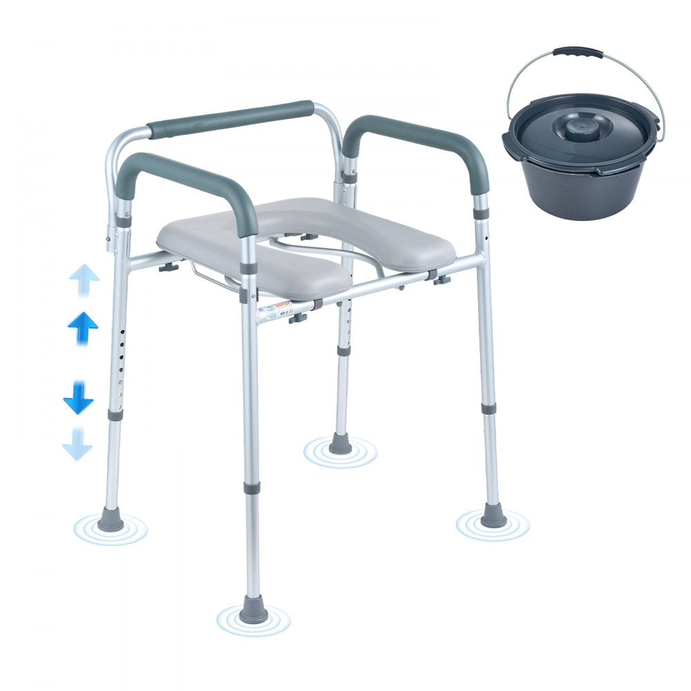 VEVOR Commode Chair, Bedside Commode with Padded Seat and Arms, 7-Level Adjustable Height, 5.8L Removable Bucket, Easy