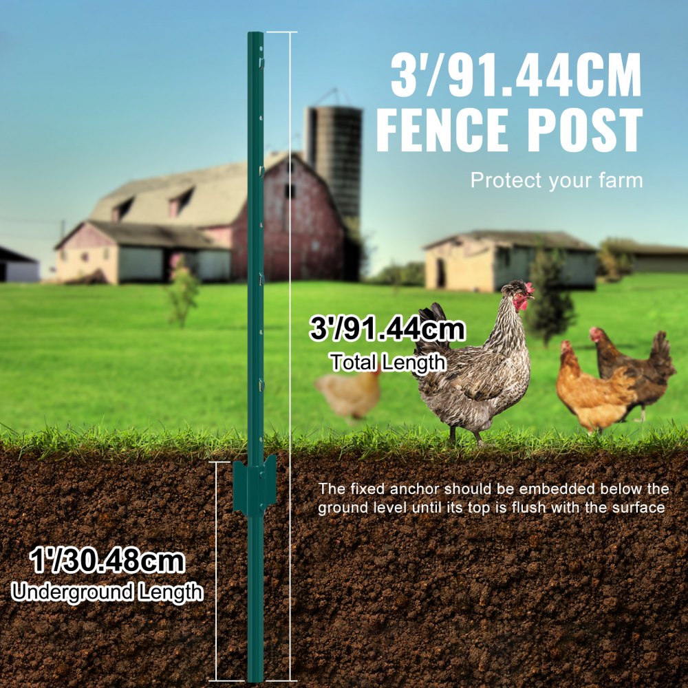 VEVOR 3 Feet Fence Post, 10 Pack U-Channel Heavy Duty Metal Fence Posts, Sturdy Steel Fence Stakes for Garden Yard