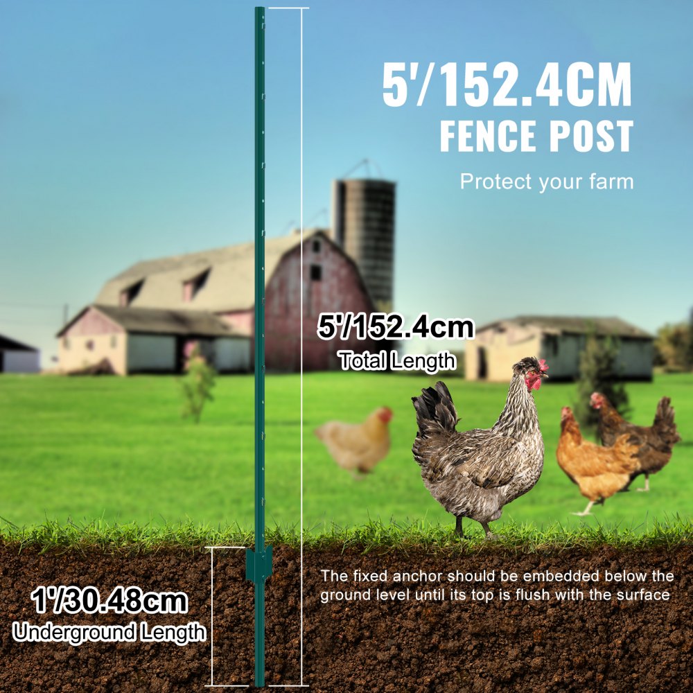 VEVOR 5 Feet Fence Post, 10 Pack U-Channel Heavy Duty Metal Fence Posts, Sturdy Steel Fence Stakes for Garden Yard