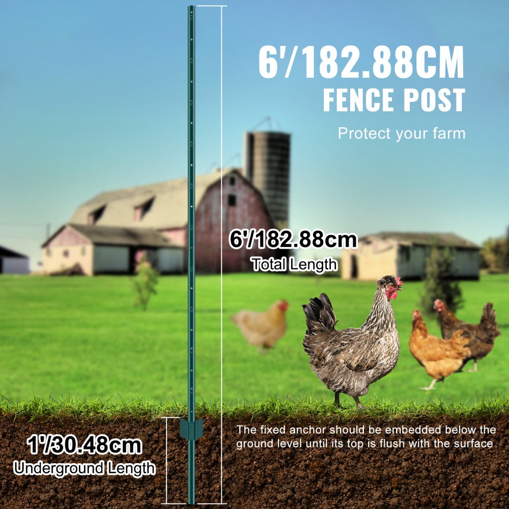 VEVOR 6 Feet Fence Post, 6 Pack U-Channel Heavy Duty Metal Fence Posts, Sturdy Steel Fence Stakes for Garden Yard