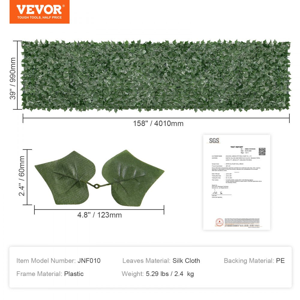 VEVOR Ivy Privacy Fence, 39 x 158in Artificial Green Wall Screen, Greenery Ivy Fence with Mesh Cloth Backing and