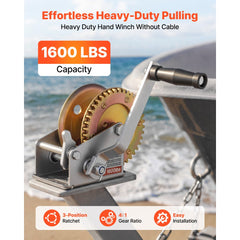 VEVOR Boat Winch, 1600 lbs Hand Winch, Heavy Duty Manual Rope Crank, Portable Two-Way Ratchet, 4: 1 Gear Ratio, Easy