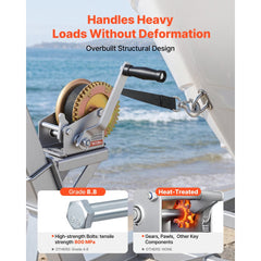 VEVOR Boat Winch, 1600 lbs Hand Winch, Heavy Duty Manual Rope Crank, Portable Two-Way Ratchet, 4: 1 Gear Ratio, Easy