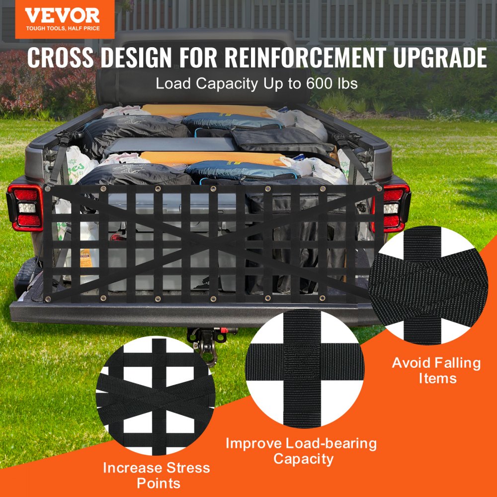 VEVOR Tailgate Net, 54 in x 18 in, Heavy Duty Cargo Net for Truck Bed with 4 Adjustable Telescopic Straps