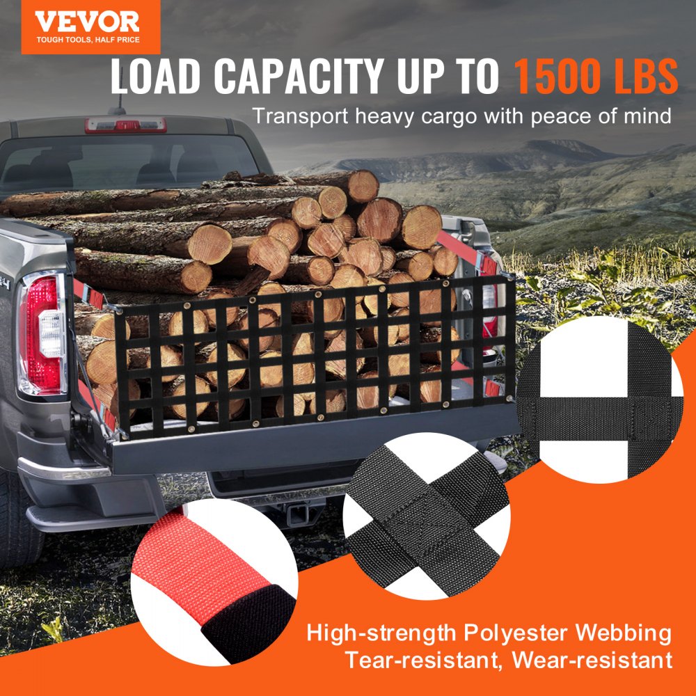 VEVOR Tailgate Net, 54 in x 18 in, Heavy Duty Cargo Net for Truck Bed with 4 Adjustable Telescopic Straps, Extendable &
