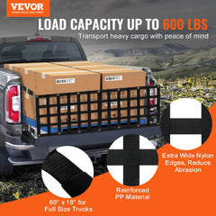 VEVOR Tailgate Net, 60 in x 18 in, Heavy Duty Cargo Net for Truck Bed with 4 Adjustable Telescopic Straps, Extendable &