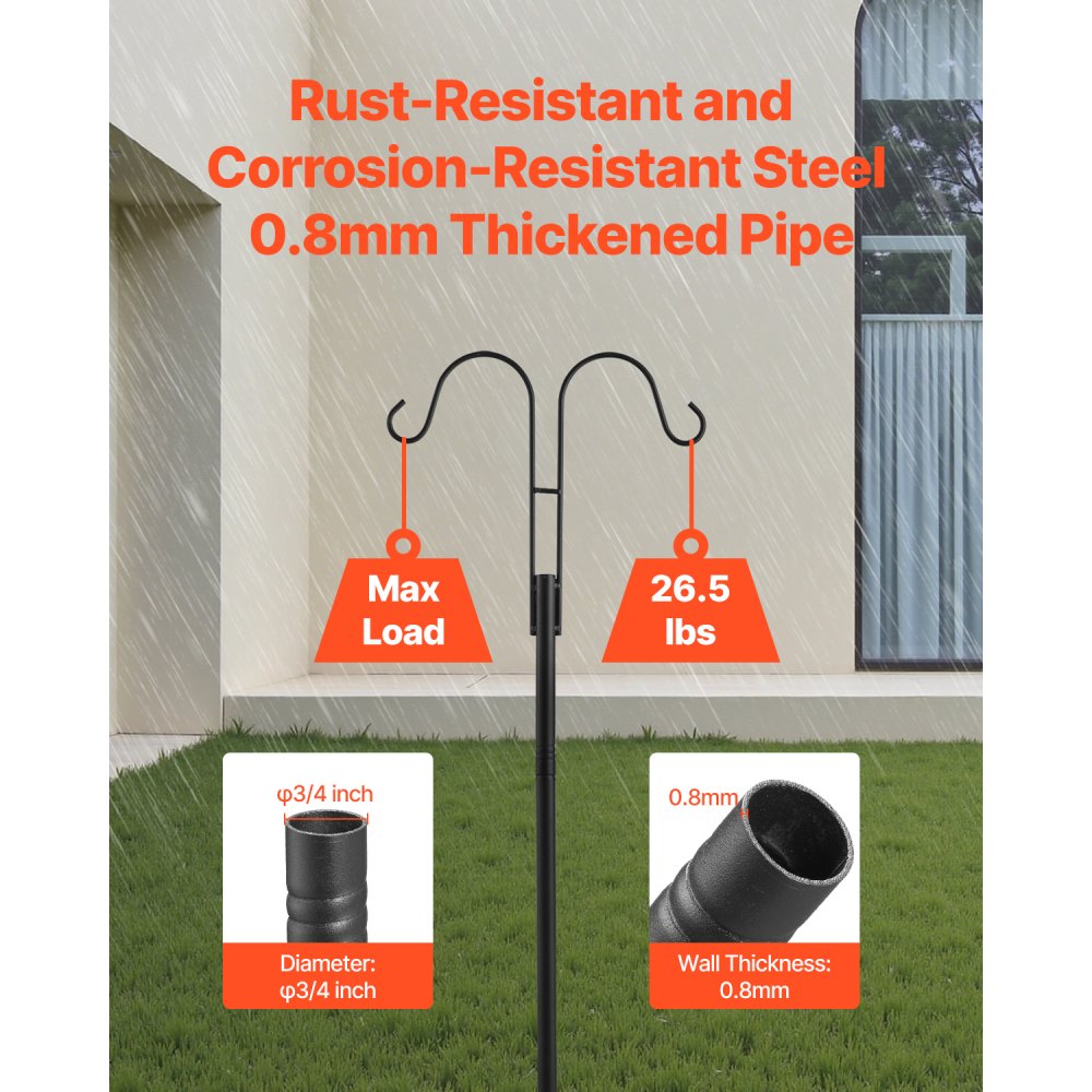 VEVOR Double Shepherds Hooks for Outdoor, 8 Pack 76 Inch Heavy Duty Bird Feeder Pole, 3/4 Inch Thick Garden Hooks for