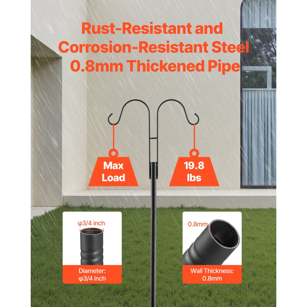 VEVOR Double Shepherds Hooks for Outdoor, 8 Pack 92 Inch Heavy Duty Bird Feeder Pole, 3/4 Inch Thick Garden Hooks for