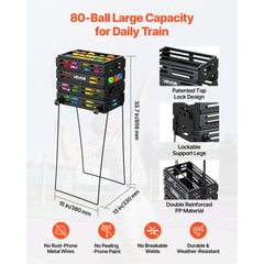 VEVOR Tennis Ball Hopper, Holds 80 Tennis Balls, Pickleball Basket Cart with Wheels for Easy Pick Up, Portable