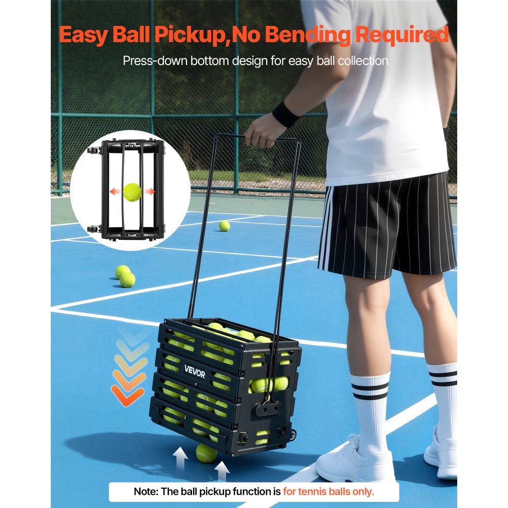 VEVOR Tennis Ball Hopper, Holds 80 Tennis Balls, Pickleball Basket Cart with Wheels for Easy Pick Up, Portable