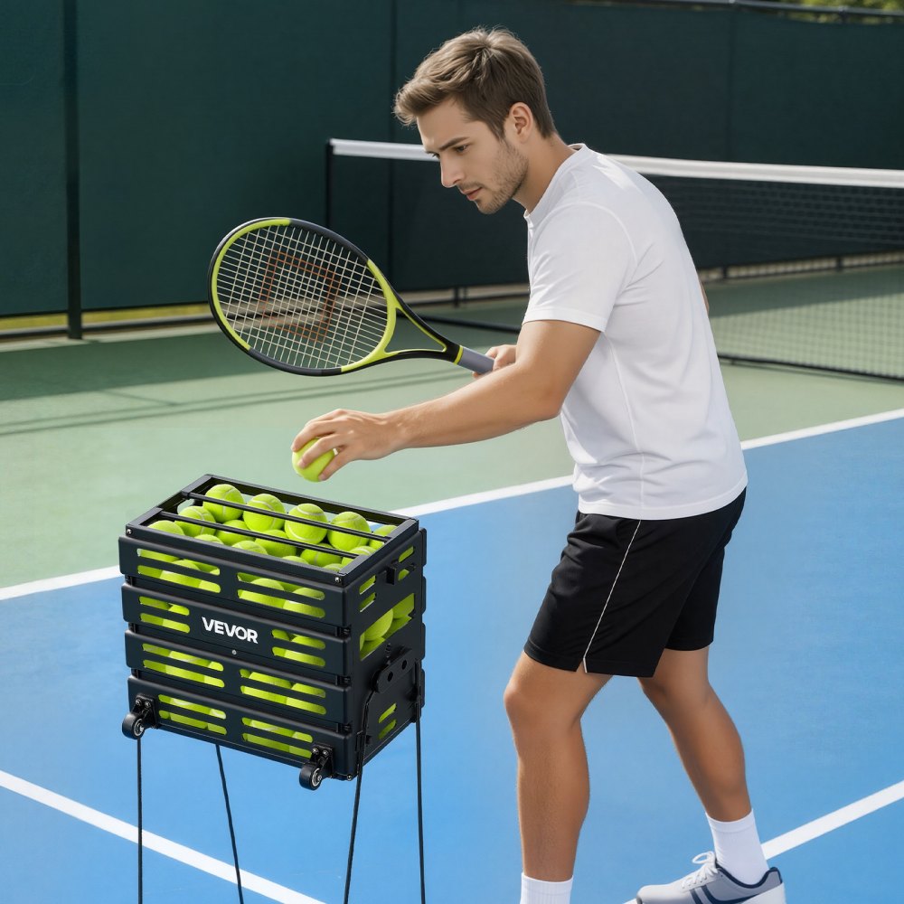 VEVOR Tennis Ball Hopper, Holds 80 Tennis Balls, Pickleball Basket Cart with Wheels for Easy Pick Up, Portable
