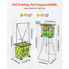 VEVOR Tennis Ball Hopper, Holds 75 Tennis Balls, Pickleball Basket Cart with Wheels for Easy Pick Up, Portable