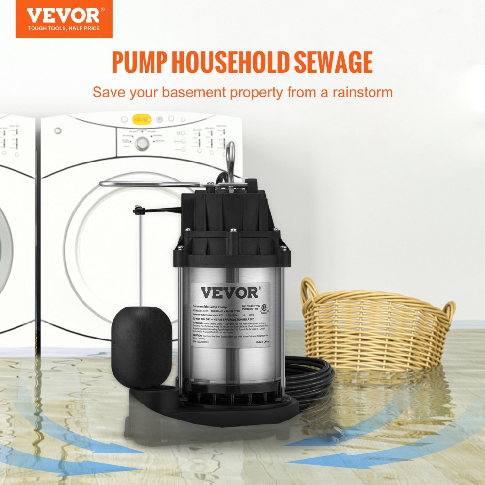VEVOR Sump Pump, 1/2 HP 3960 GPH, Submersible Stainless Steel Water Pump, 1-1/2" NPT Discharge With 33 ft Cord
