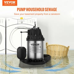 VEVOR Sump Pump, 1/2 HP 3960 GPH, Submersible Stainless Steel Water Pump, 1-1/2" NPT Discharge With 33 ft Cord