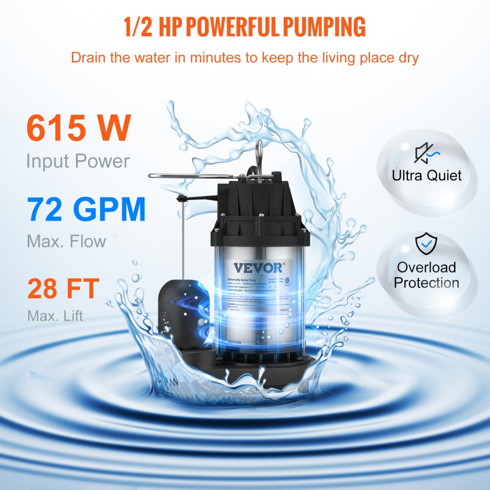 VEVOR Sump Pump, 1/2 HP 3960 GPH, Submersible Stainless Steel Water Pump, 1-1/2" NPT Discharge With 33 ft Cord