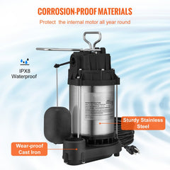 VEVOR Sump Pump, 1/2 HP 3960 GPH, Submersible Stainless Steel Water Pump, 1-1/2" NPT Discharge With 33 ft Cord