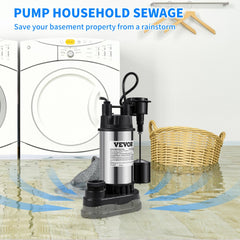 VEVOR 1.5 HP Submersible Cast Iron and Steel Sump Pump, 6000 GPH Submersible Water Pump with Integrated Vertical Float