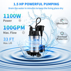 VEVOR 1.5 HP Submersible Cast Iron and Steel Sump Pump, 6000 GPH Submersible Water Pump with Integrated Vertical Float