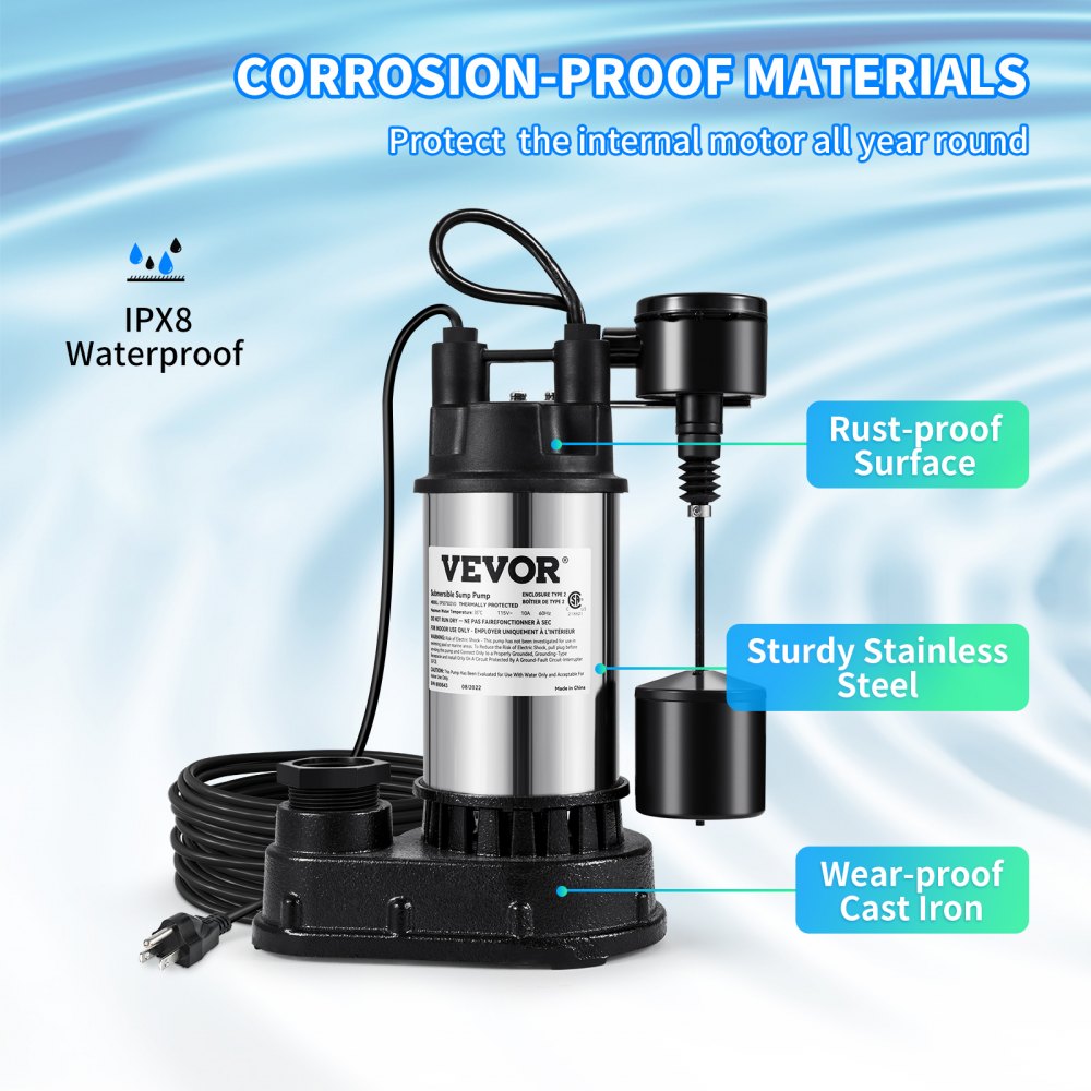 VEVOR 1.5 HP Submersible Cast Iron and Steel Sump Pump, 6000 GPH Submersible Water Pump with Integrated Vertical Float