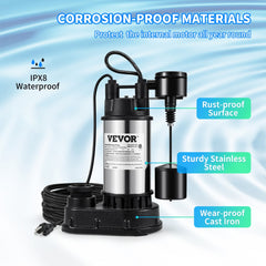 VEVOR 1.5 HP Submersible Cast Iron and Steel Sump Pump, 6000 GPH Submersible Water Pump with Integrated Vertical Float
