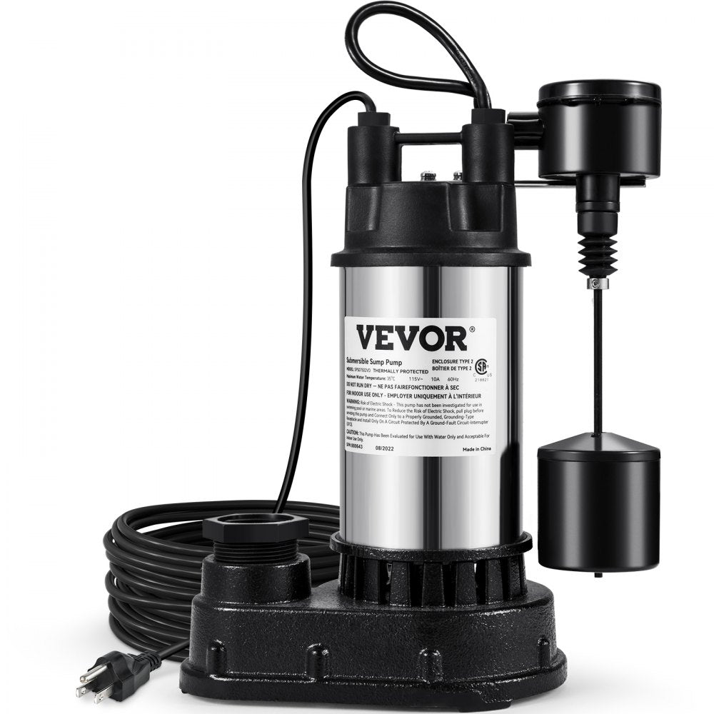 VEVOR 1.5 HP Submersible Cast Iron and Steel Sump Pump, 6000 GPH Submersible Water Pump with Integrated Vertical Float