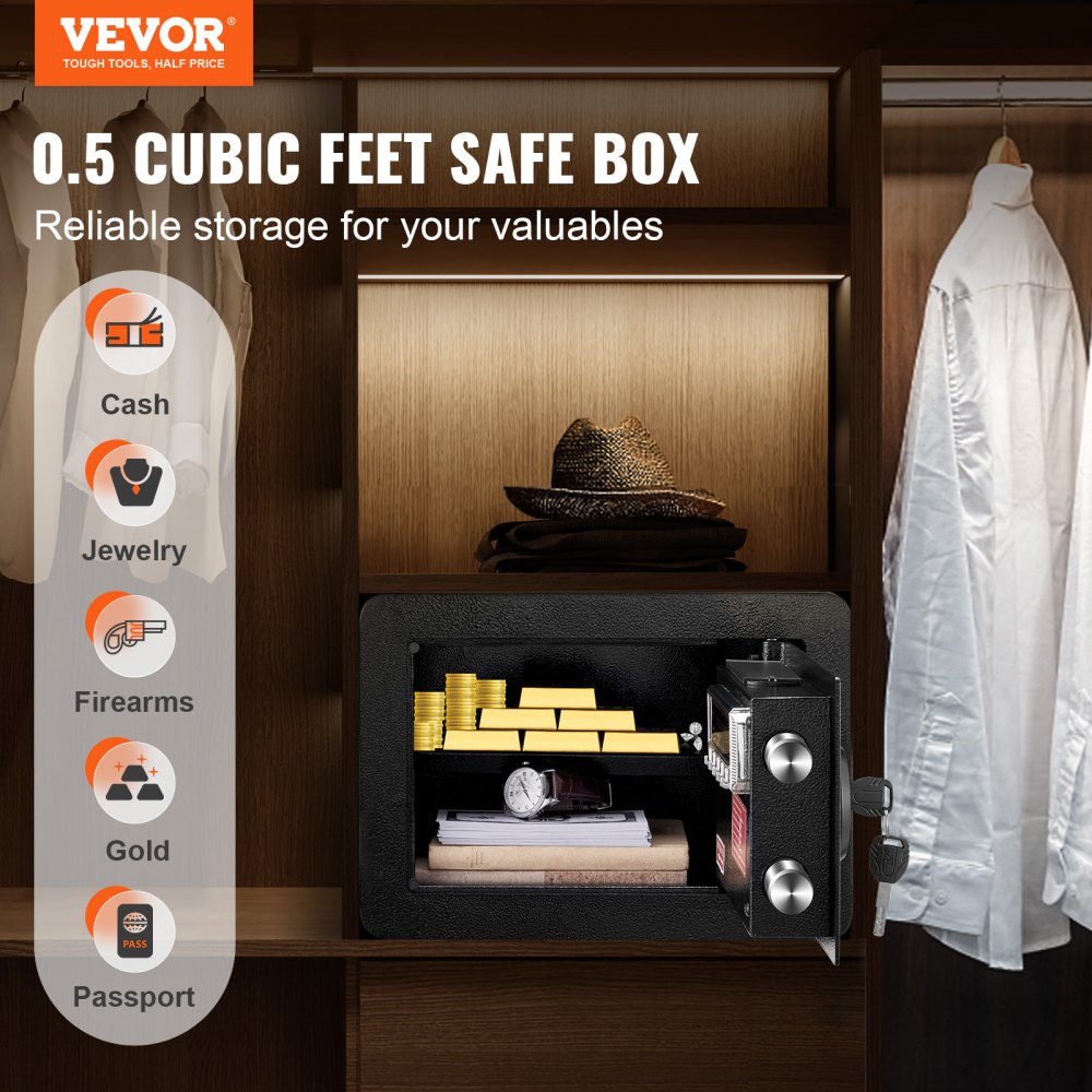 VEVOR Safe, 0.5 Cubic Feet Home Safe, Steel Security Safe with Digital Keypad and 2 Keys, Wall-Mounted Cabinet Safe