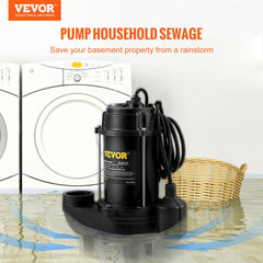 VEVOR Submersible Sewage Pump, 3/4 HP, 5880 GPH, 1050W, Durable Cast Iron, Includes 2" Outlet and 10 ft Piggy-back