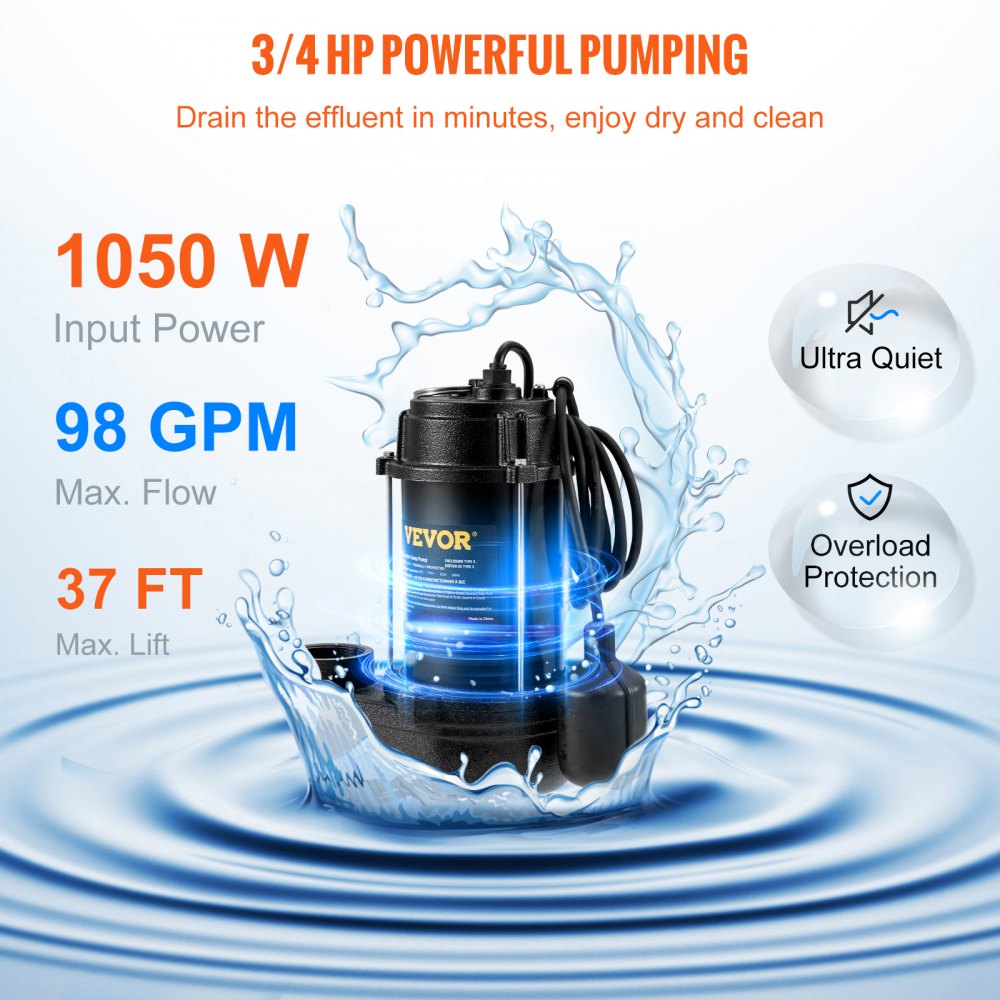 VEVOR Submersible Sewage Pump, 3/4 HP, 5880 GPH, 1050W, Durable Cast Iron, Includes 2" Outlet and 10 ft Piggy-back
