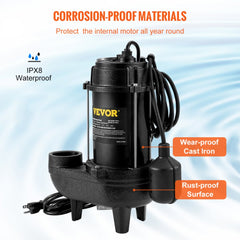 VEVOR Submersible Sewage Pump, 3/4 HP, 5880 GPH, 1050W, Durable Cast Iron, Includes 2" Outlet and 10 ft Piggy-back