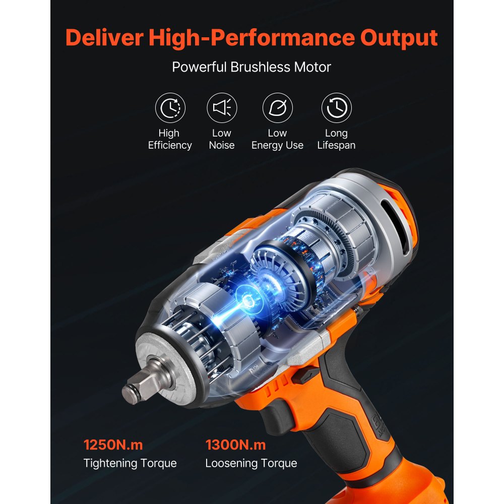 VEVOR Cordless Impact Wrench, 958.8 ft-lbs / 1300 N·m High Torque, 1/2 inch, 20V Electric Impact Wrench with Brushless