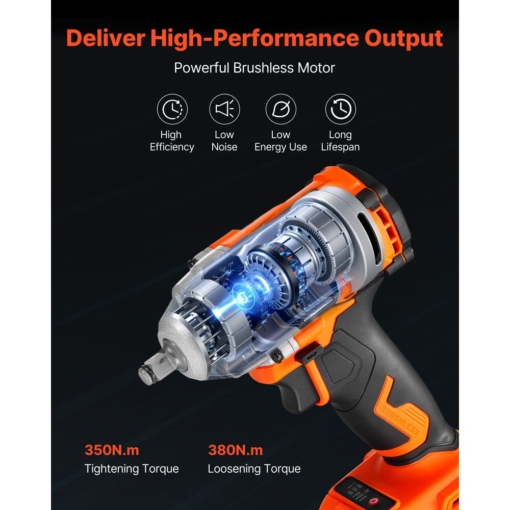 VEVOR Cordless Impact Wrench, 280 ft-lbs / 380 N·m High Torque, 3/8 inch, 20V Electric Impact Wrench with Brushless