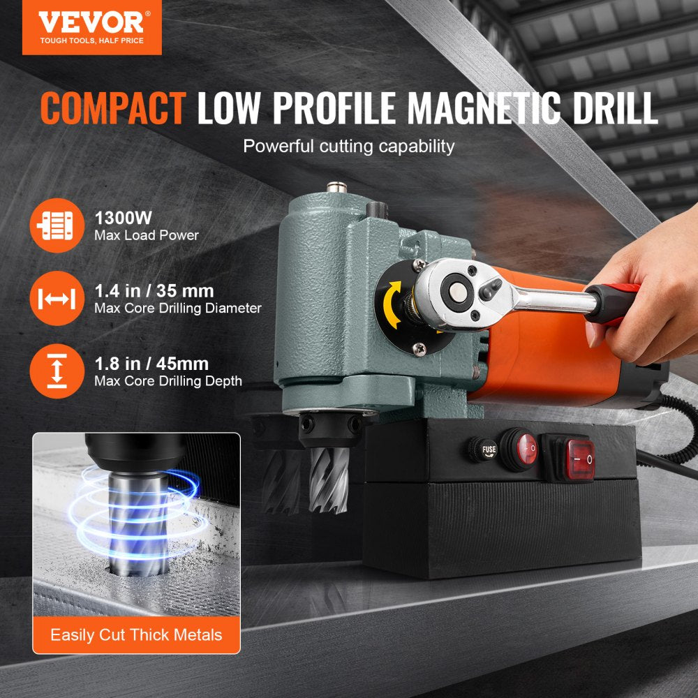 VEVOR Magnetic Drill Press, 1300W Low Profile Mag Drill, Light Weight Portable Mag Drilling Machine with Cooling Device