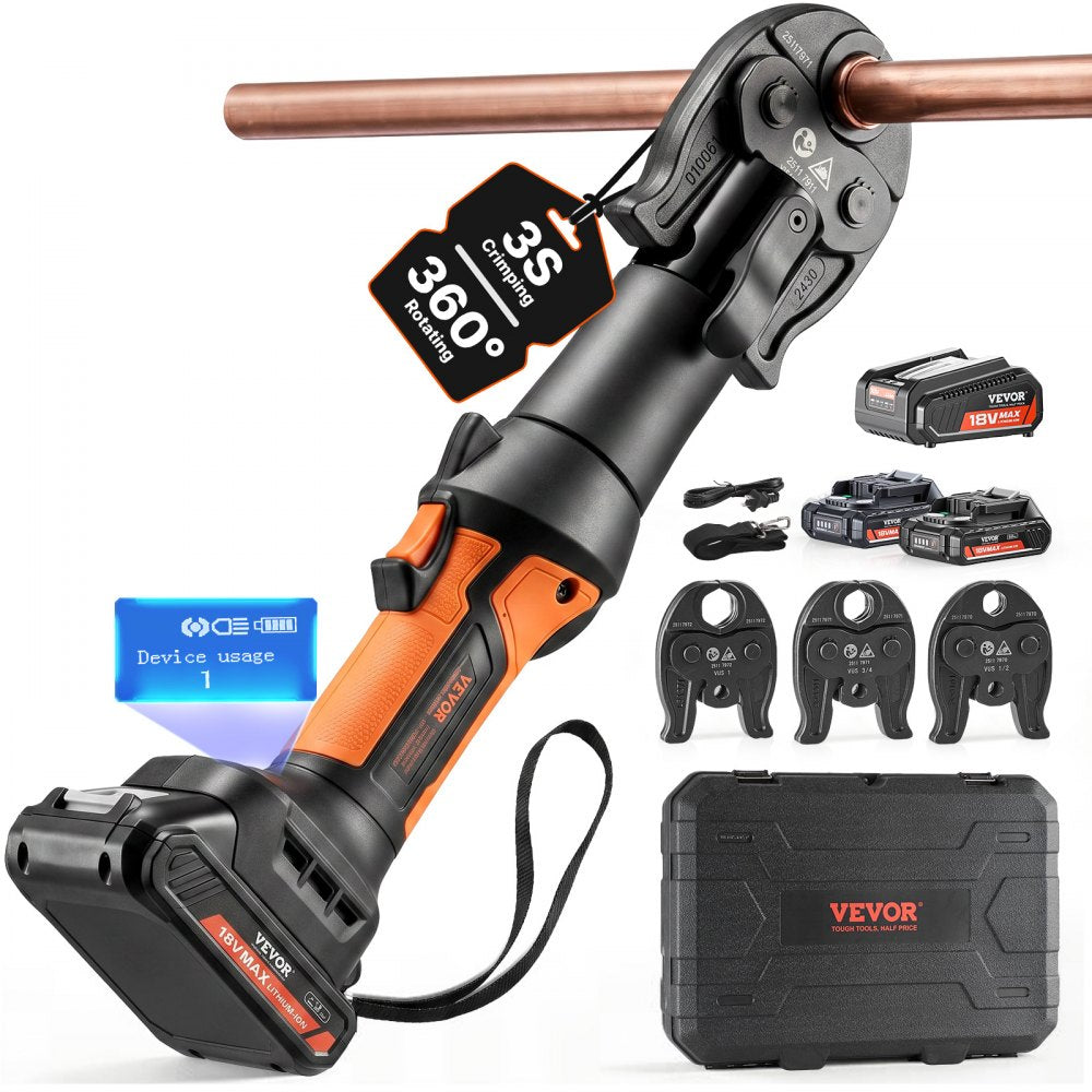 VEVOR Press Tool, 18V Electric Pipe Crimping Tool for 1/2", 3/4", 1" Copper Pipes, 24KN Press Tool Kit Compatible with