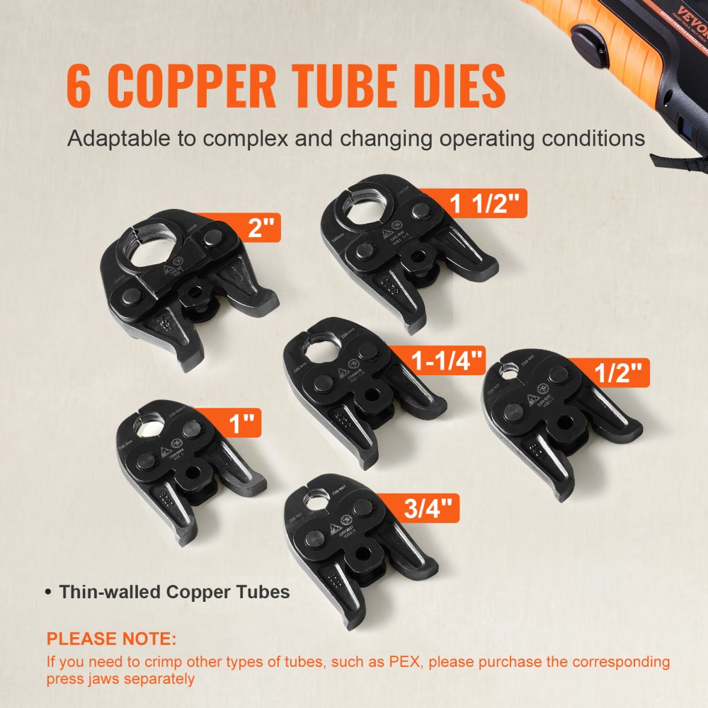 VEVOR Press Tool, 18V Electric Pipe Crimping Tool for 1/2" to 2" Copper Pipes, 32KN Press Tool Kit Compatible with