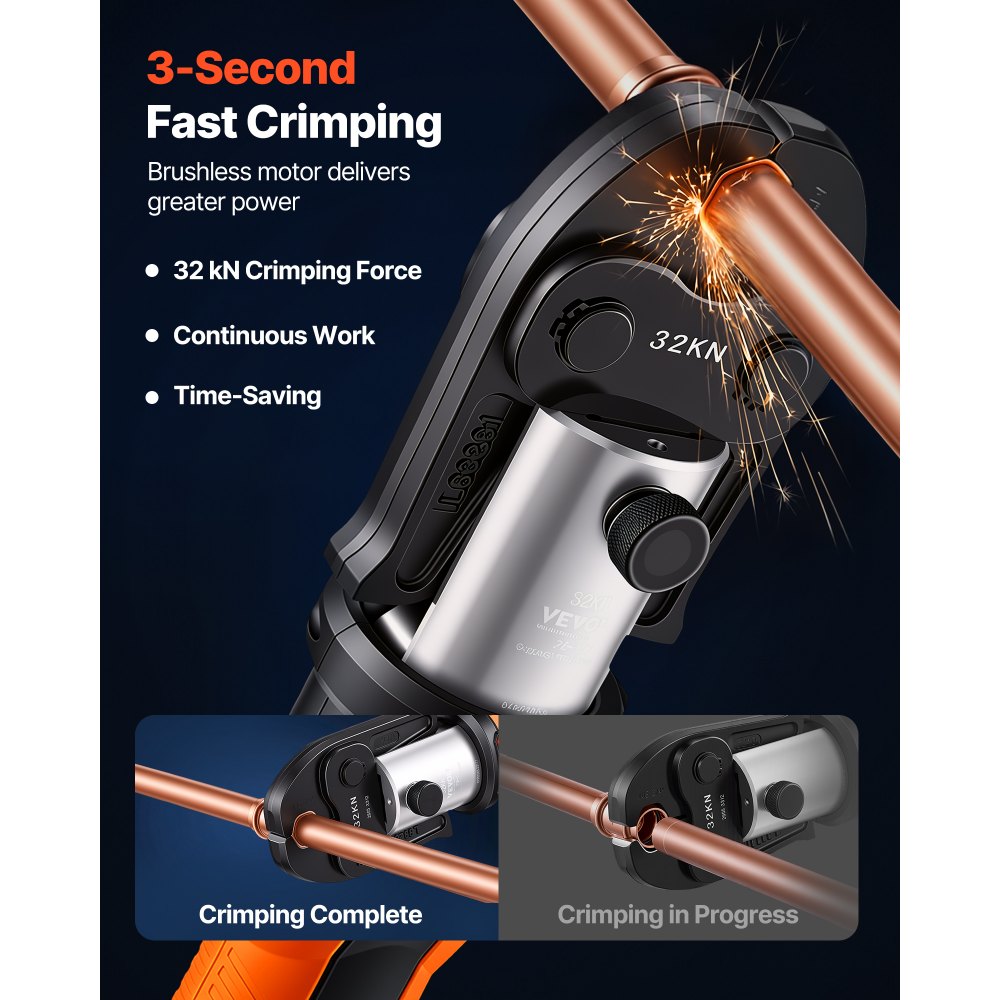 VEVOR Press Tool, 18V Electric Pipe Crimping Tool for 1/2", 3/4", 1", 1 1/4", 1 1/2", 2" Copper Pipes, 32KN Press Tool