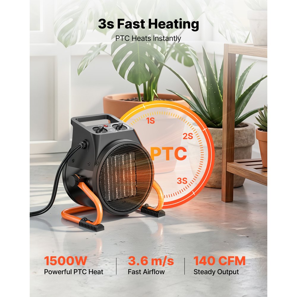 VEVOR Greenhouse Heater, 1500W Electric PTC Space Heater with Thermostat, Fan, Low & High Heat Modes, 15° Adjustable