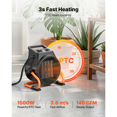 VEVOR Greenhouse Heater, 1500W Electric PTC Space Heater with Thermostat, Fan, Low & High Heat Modes, 15° Adjustable