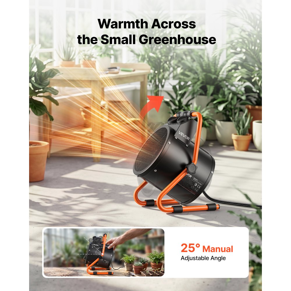 VEVOR Greenhouse Heater, 1500W Electric Space Heater with Thermostat, Fan & High Heat Modes, 25° Adjustable Angle, IPX4