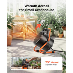 VEVOR Greenhouse Heater, 1500W Electric Space Heater with Thermostat, Fan & High Heat Modes, 25° Adjustable Angle, IPX4