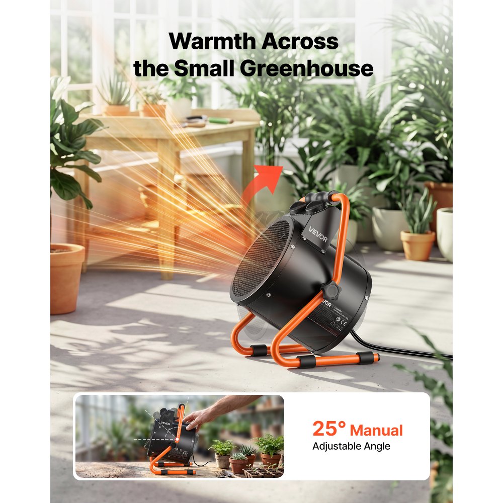 VEVOR Greenhouse Heater, 1500W Electric Space Heater with Fan & High Heat Modes, IPX4 Protection, 25° Adjustable Angle