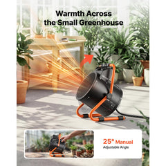 VEVOR Greenhouse Heater, 1500W Electric Space Heater with Fan & High Heat Modes, IPX4 Protection, 25° Adjustable Angle