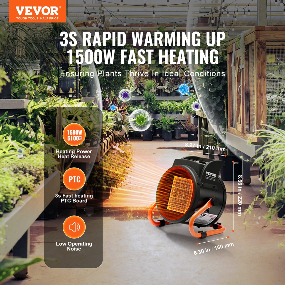 VEVOR Greenhouse Heater with Thermostat, 1500W PTC Fast Heating with Overheat Protection, 3-Speed Setting Small Grow