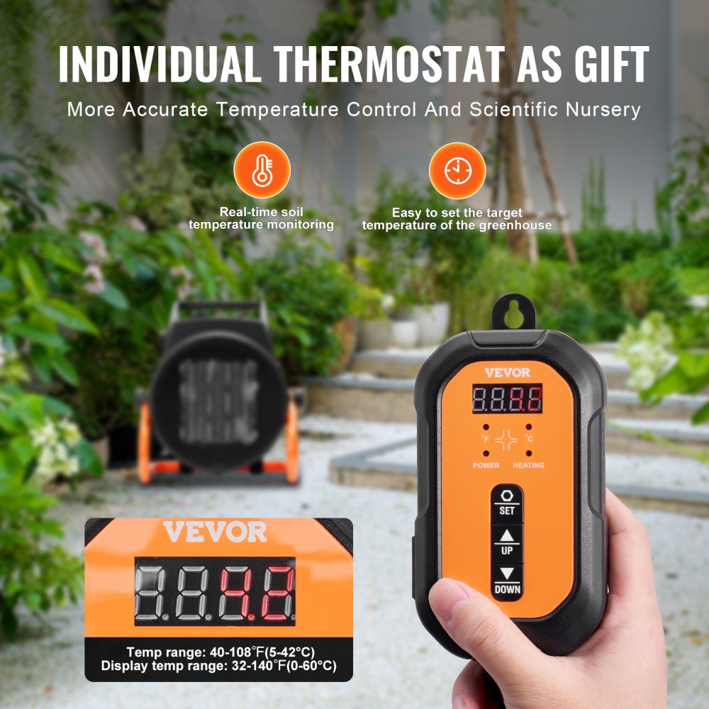 VEVOR Greenhouse Heater with Thermostat, 1500W PTC Fast Heating with Overheat Protection, 3-Speed Setting Small Grow