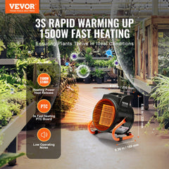 VEVOR Greenhouse Heater, 1500W PTC Fast Heating with Overheat Protection, 3-Speed Setting Small Grow Tent Heater