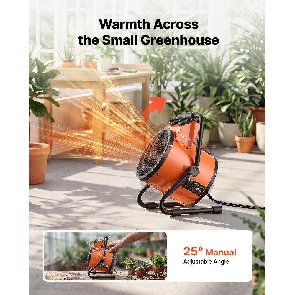 VEVOR Greenhouse Heater, 1500W Electric Space Heater with Fan & High Heat Modes, IPX4 Protection, 25° Adjustable Angle