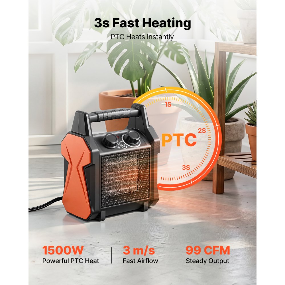 VEVOR Greenhouse Heater, 1500W Electric PTC Space Heater with Fan, Low & High Heat Modes, Overheat Protection, Tip-Over