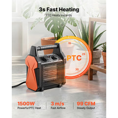 VEVOR Greenhouse Heater, 1500W Electric PTC Space Heater with Fan, Low & High Heat Modes, Overheat Protection, Tip-Over