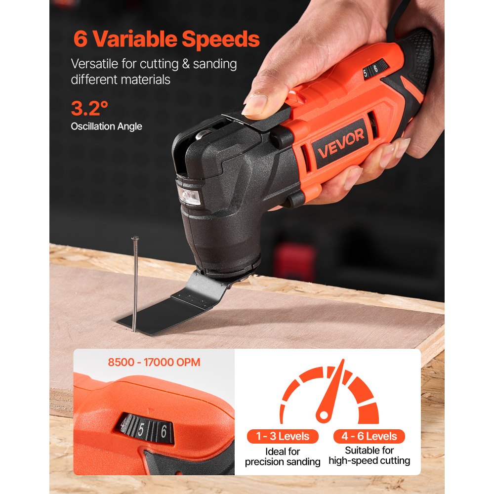 VEVOR Cordless Oscillating Tool, 20V Oscillating Multi Tool Kit with 6 Variable Speeds 8500 - 17000 OPM, 3.2°