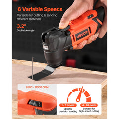VEVOR Cordless Oscillating Tool, 20V Oscillating Multi Tool Kit with 6 Variable Speeds 8500 - 17000 OPM, 3.2°