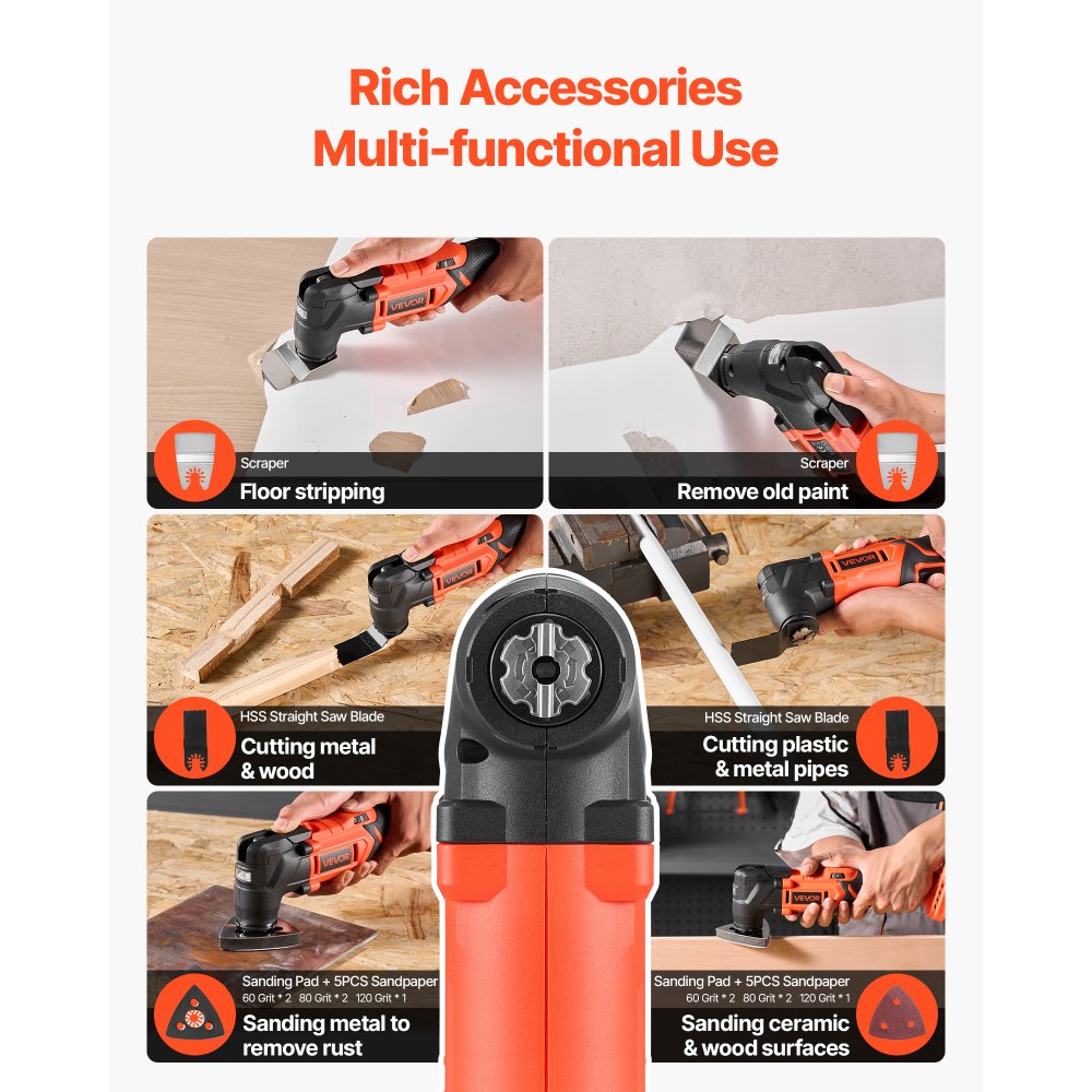 VEVOR Cordless Oscillating Tool, 20V Multitool Oscillating Tool with 6 Variable Speeds 8500 - 17000 OPM, 3.2°